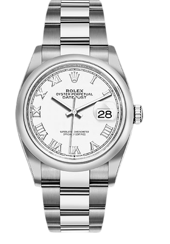 Rolex Steel Datejust 36 Watch - Domed Bezel - White Roman Dial - Oyster Bracelet