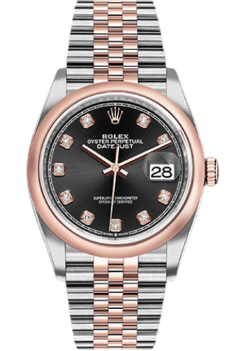 Rolex Steel and Everose Rolesor Datejust 36 Watch - Domed Bezel - Black Diamond Dial - Jubilee Bracelet