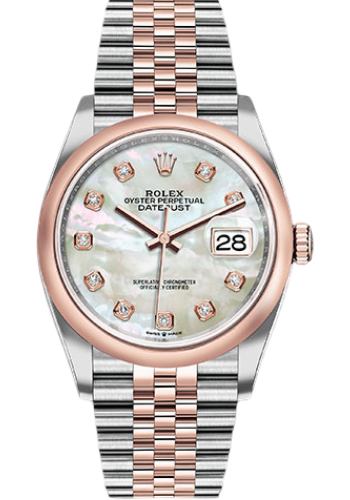 Rolex Steel and Everose Rolesor Datejust 36 Watch - Domed Bezel - White Mother-Of-Pearl Diamond Dial - Jubilee Bracelet