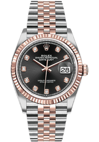 Rolex Steel and Everose Rolesor Datejust 36 Watch - Fluted Bezel - Black Diamond Dial - Jubilee Bracelet