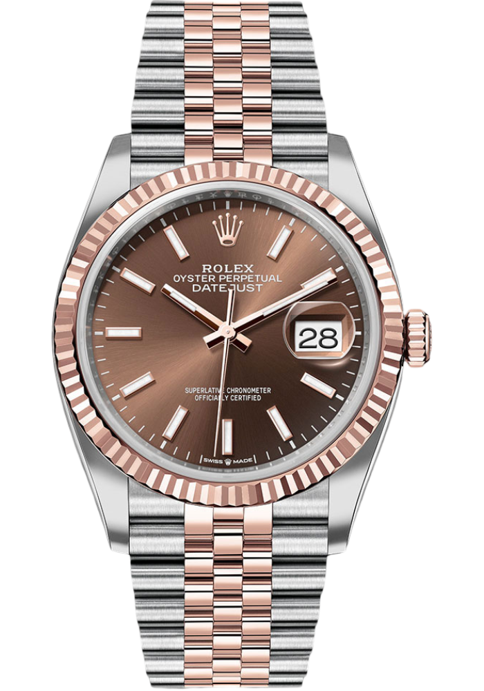 Rolex Everose Rolesor Datejust 36 Watch - Fluted Bezel - Chocolate Index Dial - Jubilee Bracelet