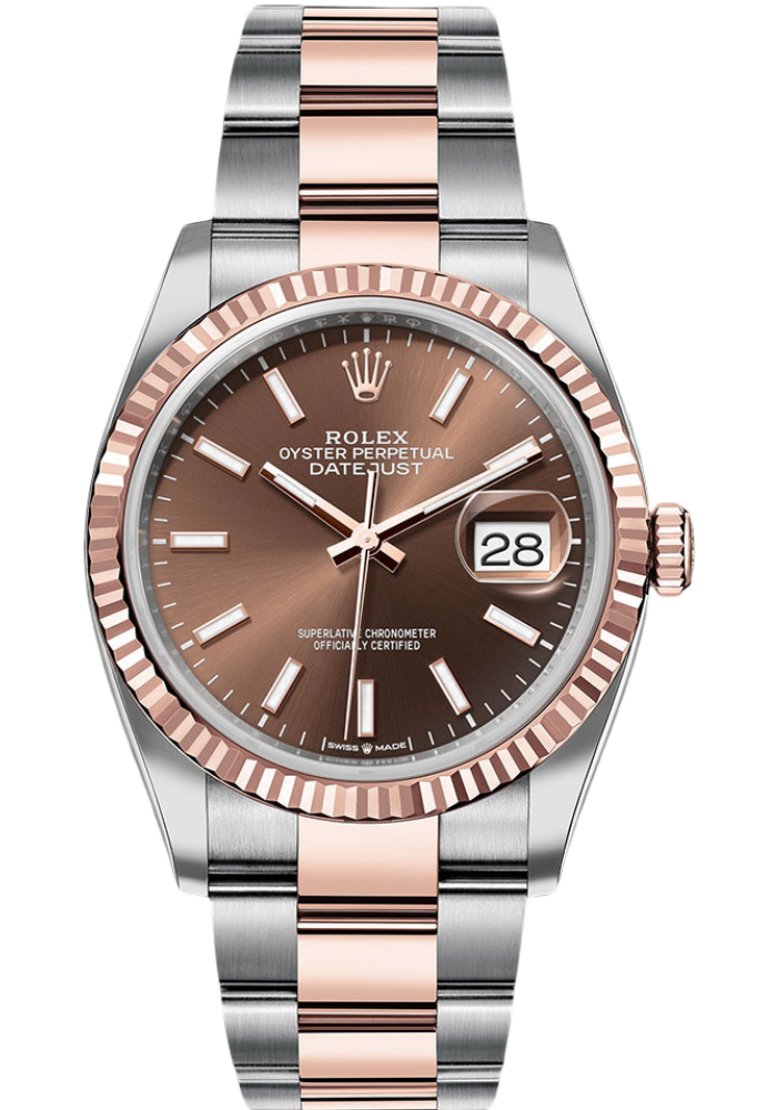 Rolex Everose Rolesor Datejust 36 Watch - Fluted Bezel - Chocolate Index Dial - Oyster Bracelet