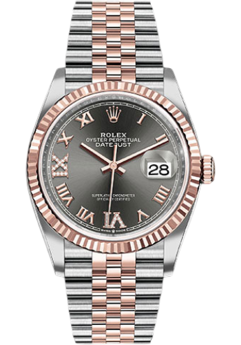 Rolex Steel and Everose Rolesor Datejust 36 Watch - Fluted Bezel - Dark Rhodium Roman Dial - Jubilee Bracelet