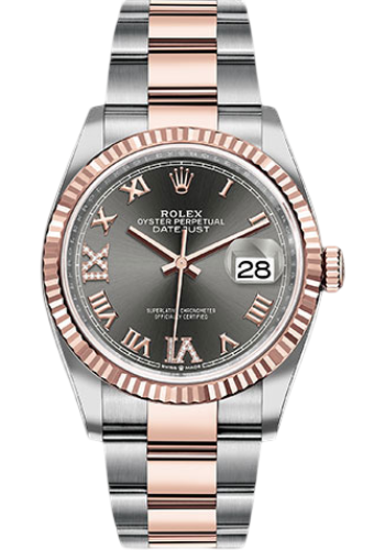 Rolex Steel and Everose Rolesor Datejust 36 Watch - Fluted Bezel - Dark Rhodium Roman Dial - Oyster Bracelet