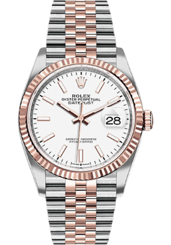 Rolex Steel and Everose Rolesor Datejust 36 Watch - Fluted Bezel - White Index Dial - Jubilee Bracelet