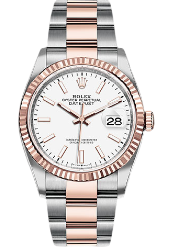 Rolex Steel and Everose Rolesor Datejust 36 Watch - Fluted Bezel - White Index Dial - Oyster Bracelet