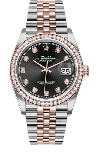 Rolex Steel and Everose Rolesor Datejust 36 Watch - Diamond Bezel - Black Diamond Dial - Jubilee Bracelet