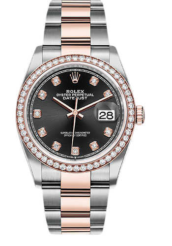 Rolex Steel and Everose Rolesor Datejust 36 Watch - Diamond Bezel - Black Diamond Dial - Oyster Bracelet