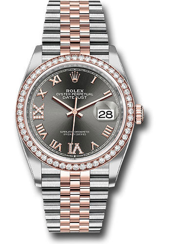 Rolex Steel and Everose Rolesor Datejust 36 Watch - Diamond Bezel - Dark Rhodium Roman Dial - Jubilee Bracelet