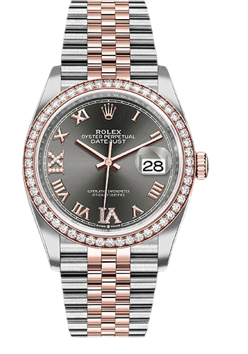 Rolex Steel and Everose Rolesor Datejust 36 Watch - Diamond Bezel - Dark Rhodium Roman Dial - Jubilee Bracelet