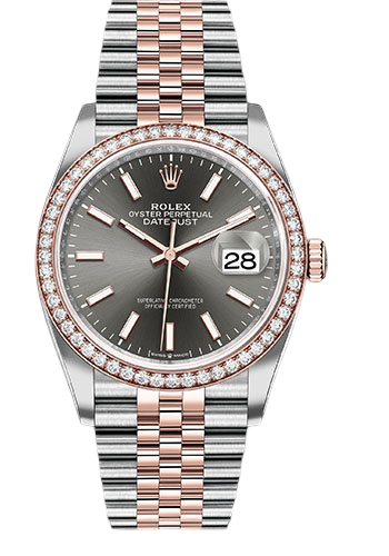 Rolex Steel and Everose Rolesor Datejust 36 Watch - Diamond Bezel - Dark Rhodium Index Dial - Jubilee Bracelet