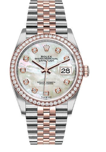 Rolex Steel and Everose Rolesor Datejust 36 Watch - Diamond Bezel - White Mother-Of-Pearl Diamond Dial - Jubilee Bracelet
