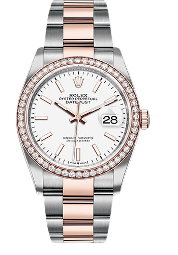 Rolex Steel and Everose Rolesor Datejust 36 Watch - Diamond Bezel - White Index Dial - Oyster Bracelet