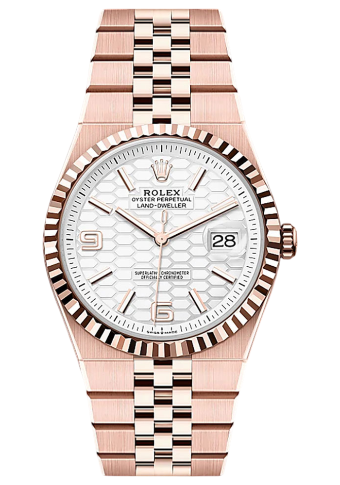 Rolex Everose Gold Land-Dweller 40 Watch - Fluted Bezel - White Honeycomb Motif Dial - Flat Jubilee Bracelet