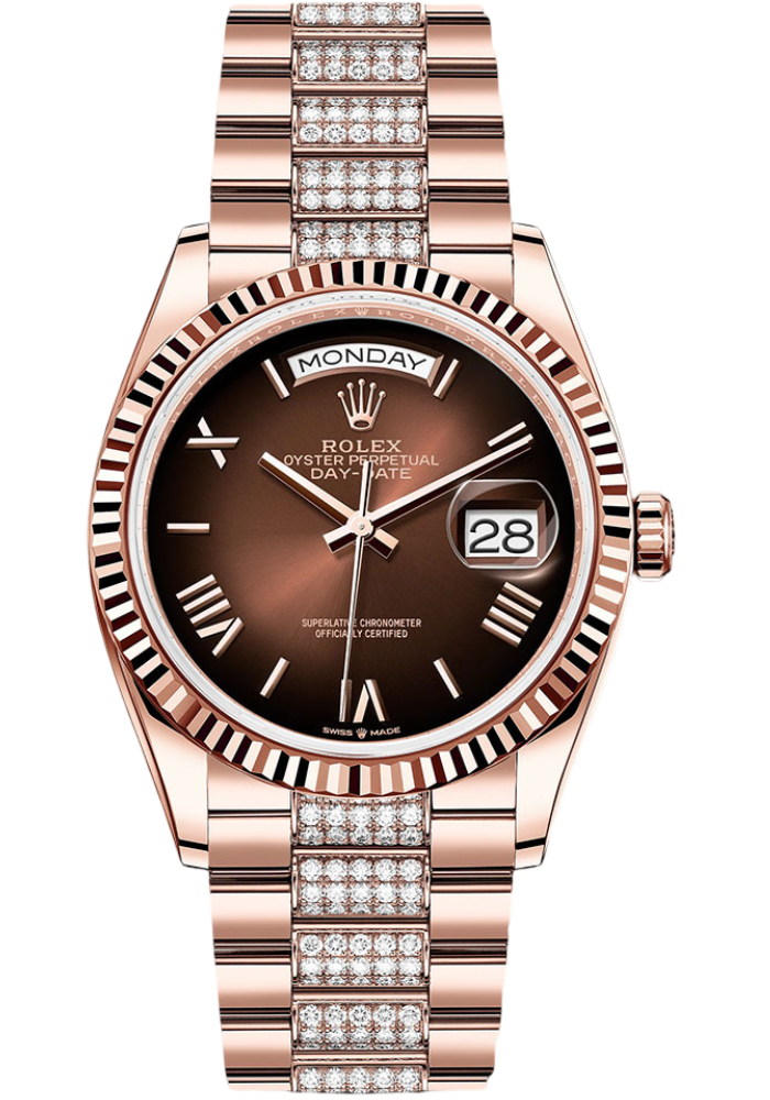 Rolex Everose Gold Day-Date 36 Watch - Fluted Bezel - Brown Ombré Roman Dial - Diamond President Bracelet