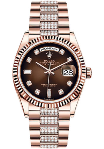 Rolex Everose Gold Day-Date 36 Watch - Fluted Bezel - Brown Ombré Diamond Dial - Diamond President Bracelet