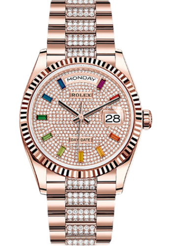 Rolex Everose Gold Day-Date 36 Watch - Fluted Bezel - Diamond-Paved Dial - Diamond President Bracelet