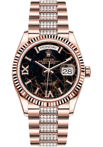Rolex Everose Gold Day-Date 36 Watch - Fluted Bezel - Eisenkiesel Diamond Index Roman 9 Dial - Diamond President Bracelet