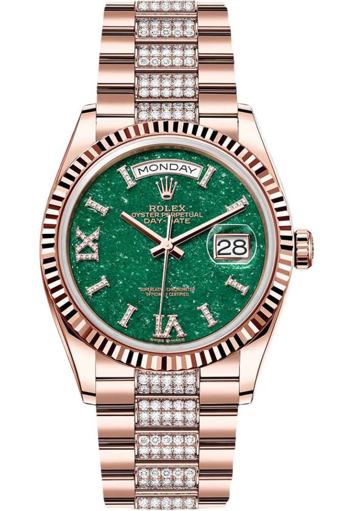 Rolex Everose Gold Day-Date 36 Watch - Fluted Bezel - Green Aventurine Diamond Index Roman 9 Dial - Diamond President Bracelet