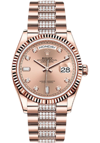 Rolex Everose Gold Day-Date 36 Watch - Fluted Bezel - Rosé Diamond Dial - Diamond President Bracelet