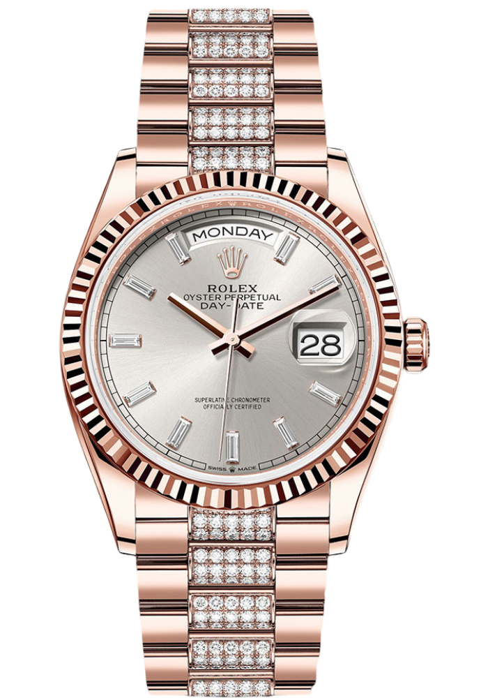 Rolex Everose Gold Day-Date 36 Watch - Fluted Bezel - Silver Dial - Diamond President Bracelet