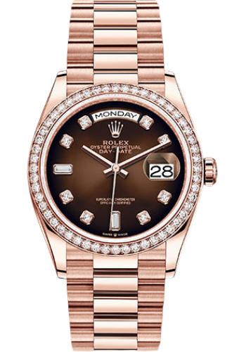 Rolex Everose Gold Day-Date 36 Watch - Diamond Bezel - Brown Ombre´ Diamond Dial - President Bracelet