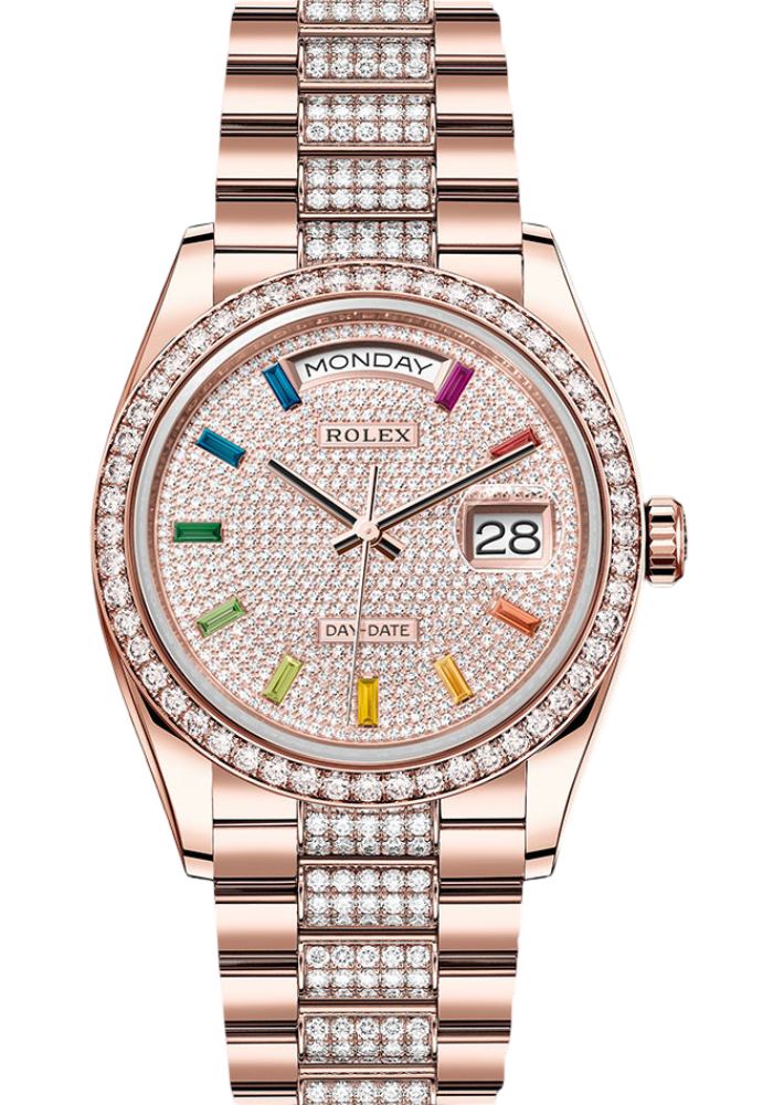 Rolex Everose Gold Day-Date 36 Watch - Diamond Bezel - Diamond-Paved Rainbow Sapphire Dial - Diamond President Bracelet