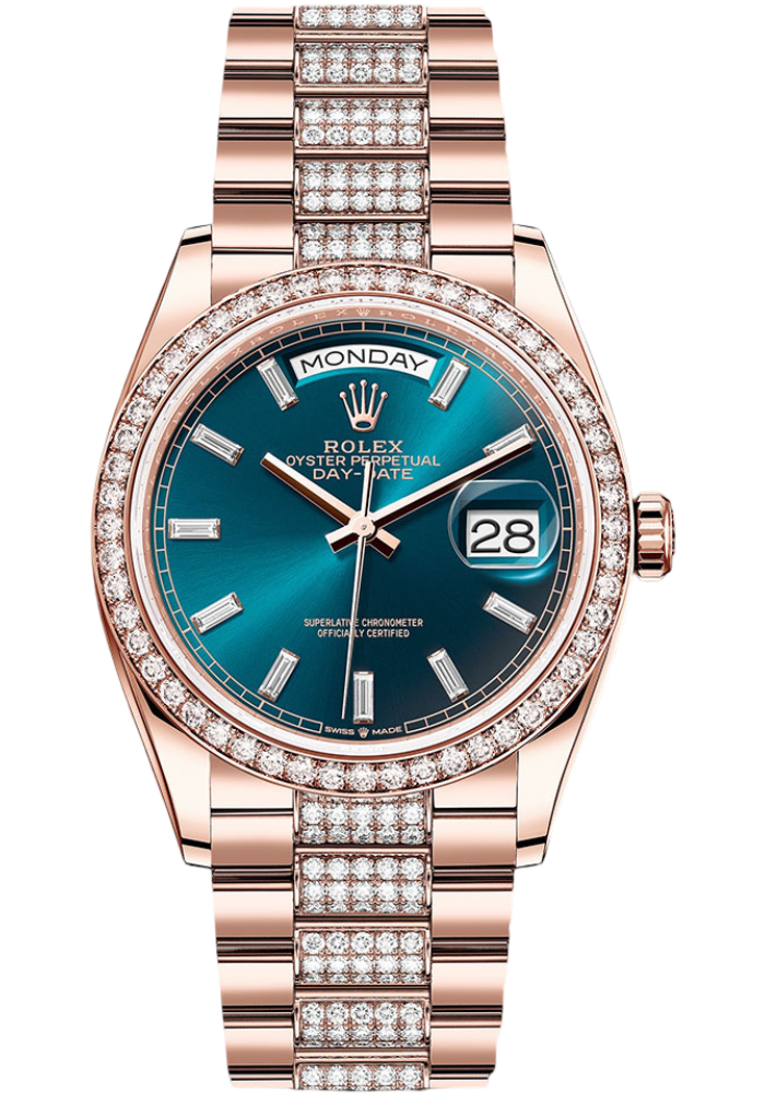 Rolex Everose Gold Day-Date 36 Watch - Diamond Bezel - Blue-Green Dial - Diamond President Bracelet