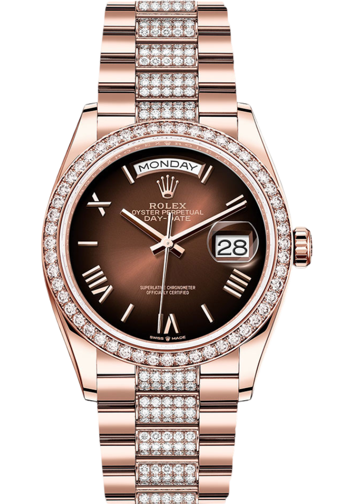 Rolex Everose Gold Day-Date 36 Watch - Diamond Bezel - Brown Ombré Roman Dial - Diamond President Bracelet