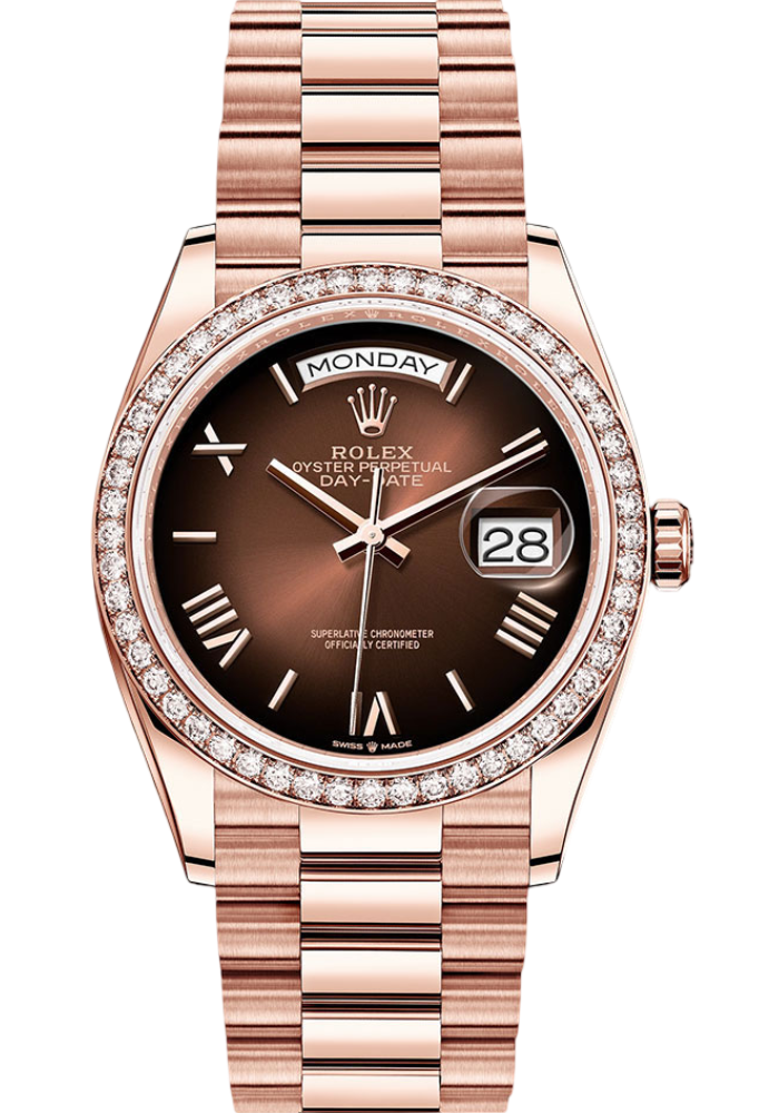 Rolex Everose Gold Day-Date 36 Watch - Diamond Bezel - Brown Ombré Roman Dial - President Bracelet
