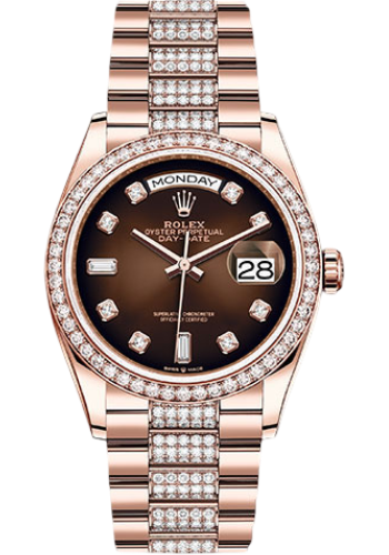 Rolex Everose Gold Day-Date 36 Watch - Diamond Bezel - Brown Ombré Diamond Dial - Diamond President Bracelet