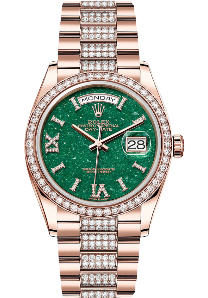 Rolex Everose Gold Day-Date 36 Watch - Diamond Bezel - Green Aventurine Diamond Index Roman 9 Dial - Diamond President Bracelet