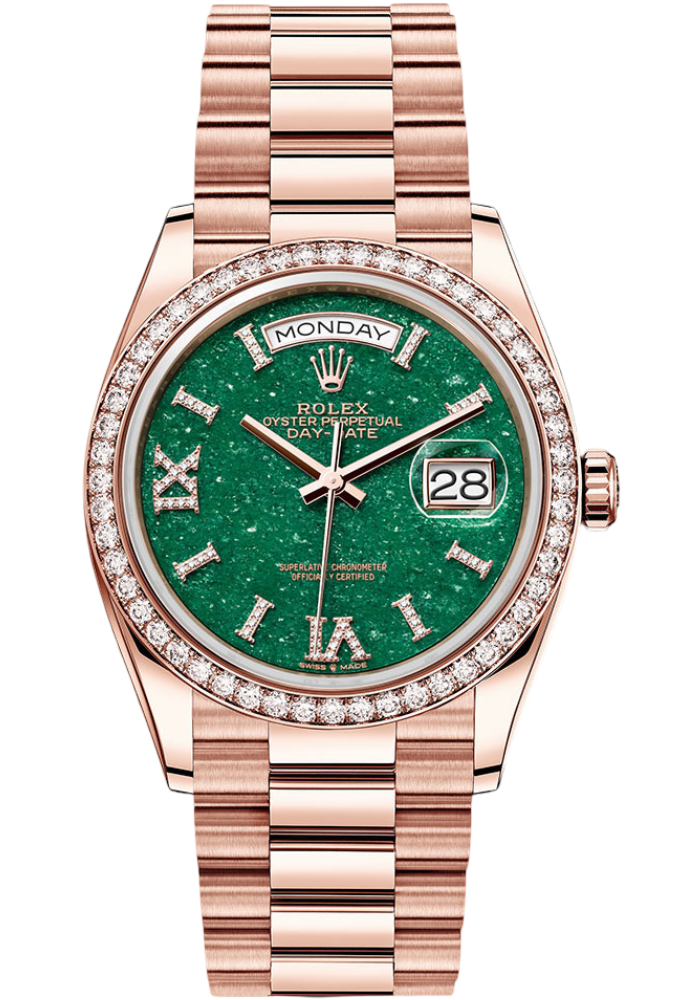 Rolex Everose Gold Day-Date 36 Watch - Diamond Bezel - Green Aventurine Diamond Index Roman 9 Dial - President Bracelet