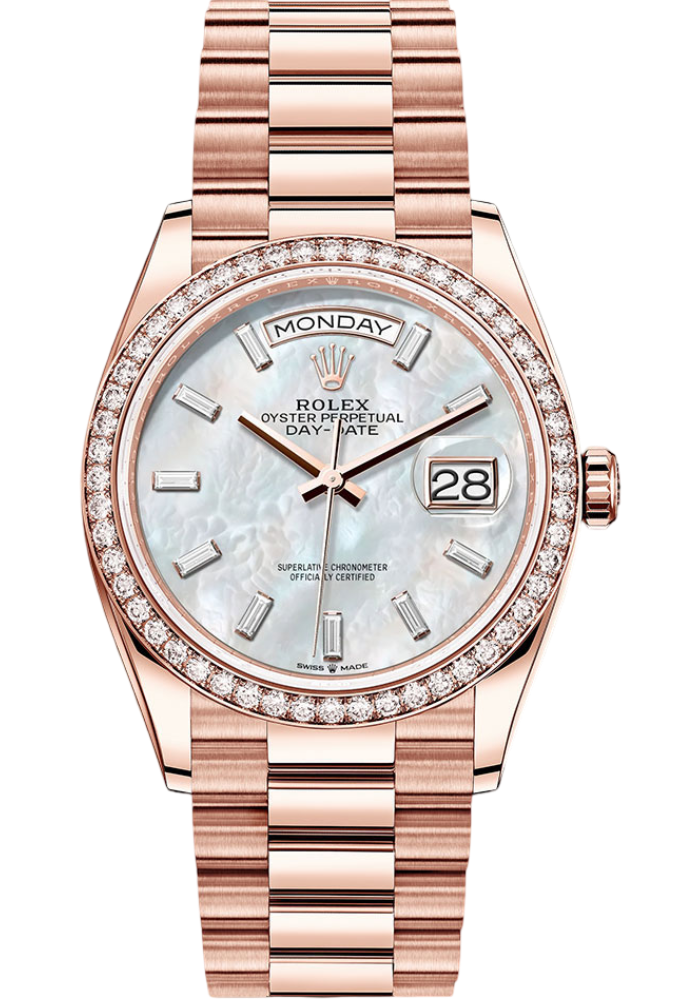 Rolex Everose Gold Day-Date 36 Watch - Diamond Bezel - White Mother-Of-Pearl Dial - President Bracelet