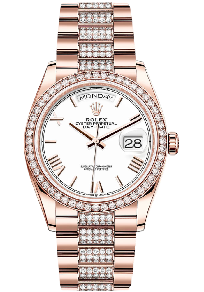 Rolex Everose Gold Day-Date 36 Watch - Diamond Bezel - White Roman Dial - Diamond President Bracelet