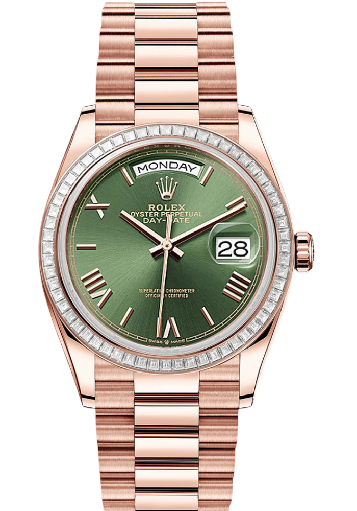 Rolex Everose Gold Day-Date 36 Watch - Diamond Bezel - Olive Green 6 Dial - President Bracelet