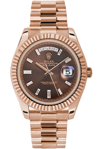 Rolex Everose Gold Day-Date 40 Watch - Fluted Bezel - Chocolate Baguette Diamond Dial - President Bracelet