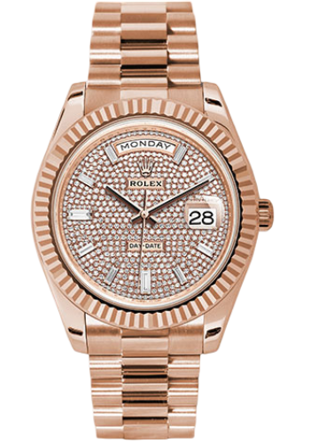 Rolex Everose Gold Day-Date 40 Watch - Fluted Bezel - Diamond Paved Dial - President Bracelet