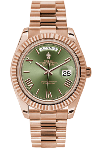 Rolex Everose Gold Day-Date 40 Watch - Fluted Bezel - Olive Green Bevelled Roman Dial - President Bracelet