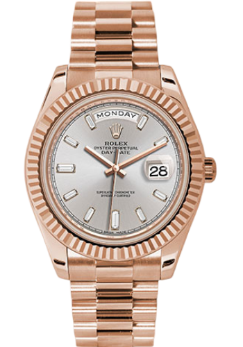 Rolex Everose Gold Day-Date 40 Watch - Fluted Bezel - Sundust Baguette-Cut Diamond Dial - President Bracelet