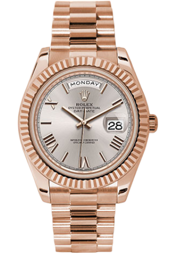 Rolex Everose Gold Day-Date 40 Watch - Fluted Bezel - Sundust Bevelled Roman Dial - President Bracelet