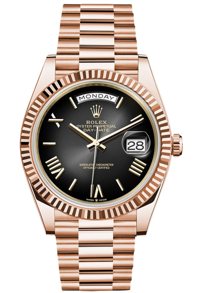 Rolex Everose Gold Day-Date 40 Watch - Fluted Bezel - Slate Ombré Roman Dial - President Bracelet