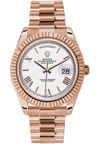 Rolex Everose Gold Day-Date 40 Watch - Fluted Bezel - White Bevelled Roman Dial - President Bracelet