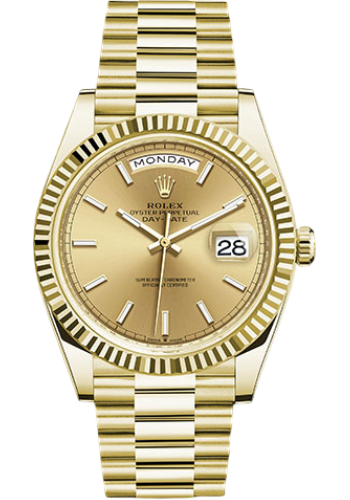 Rolex Yellow Gold Day-Date 40 Watch - Fluted Bezel - Champagne Index Dial - President Bracelet