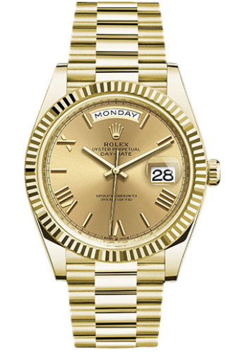 Rolex Yellow Gold Day-Date 40 Watch - Fluted Bezel - Champagne Roman Dial - President Bracelet