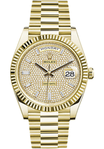 Rolex Yellow Gold Day-Date 40 Watch - Fluted Bezel - Diamond-Paved Dial - President Bracelet