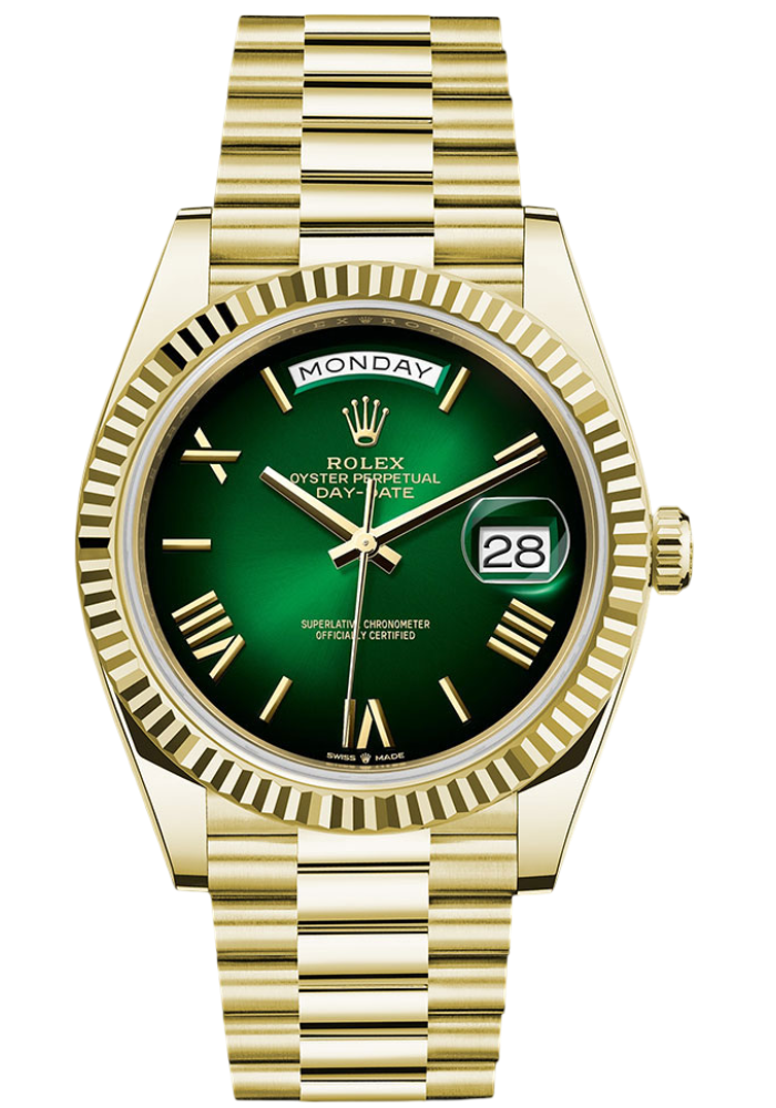Rolex Yellow Gold Day-Date 40 Watch - Fluted Bezel - Green Ombré Roman Dial - President Bracelet