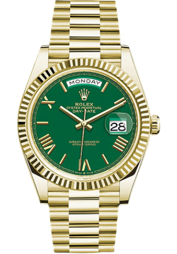 Rolex Yellow Gold Day-Date 40 Watch - Fluted Bezel - Green Roman Dial - President Bracelet