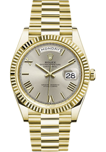 Rolex Yellow Gold Day-Date 40 Watch - Fluted Bezel - Silver Bevelled Roman Dial - President Bracelet