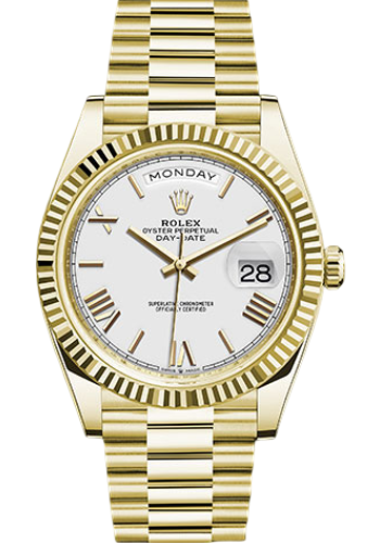 Rolex Yellow Gold Day-Date 40 Watch - Fluted Bezel - White Bevelled Roman Dial - President Bracelet